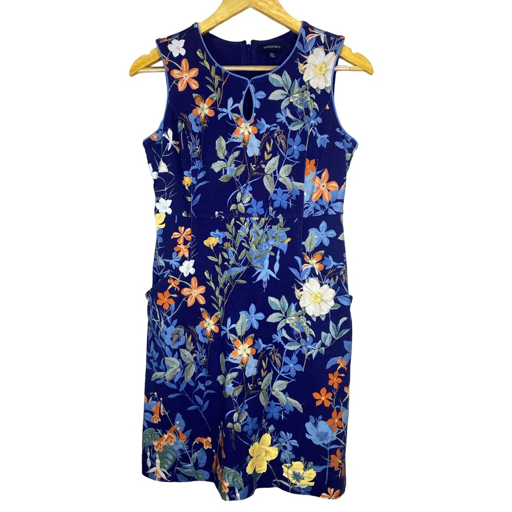 Lands End Navy Blue Floral Sleeveless Sheath Dress Petite 6P Keyhole Pockets‎